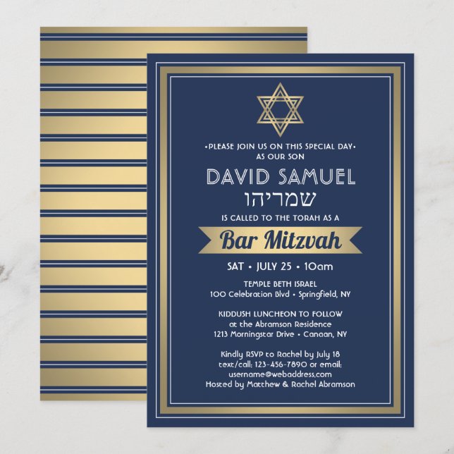 Convites Nome Hebraico Bar Mitzvah Azul Marinho Branco & Do (Frente/Verso)