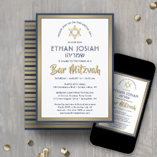 Convites Nome Hebraico Bar Mitzvah Elegante Dourado Branco