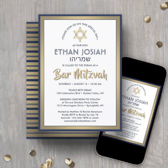 Convites Nome Hebraico Bar Mitzvah Elegante Dourado Branco  (Criador carregado)