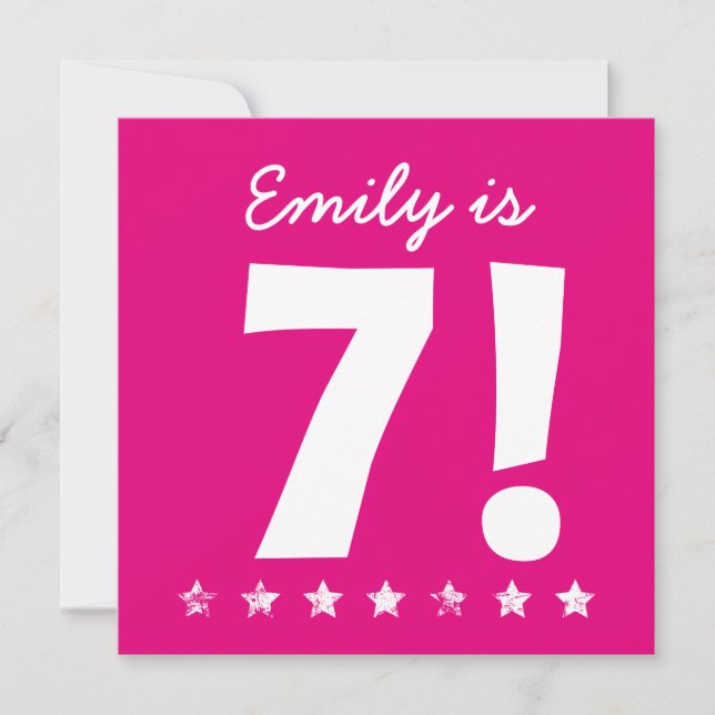 Convites Nome Personalizado de Aniversário de 7 cor-de-rosa (Frente)