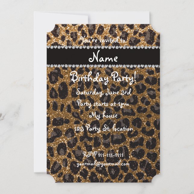 Convites Nome personalizado dourado impressão leopardo (Frente)