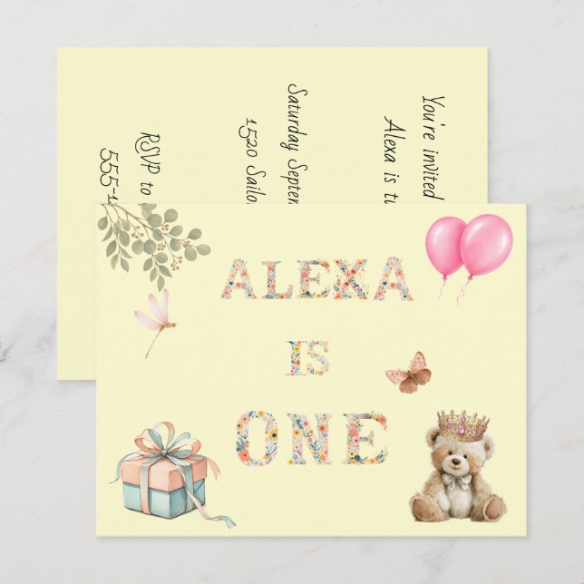 Convites Nome Personalizado Letras Florais Aniversário (Frente/Verso)