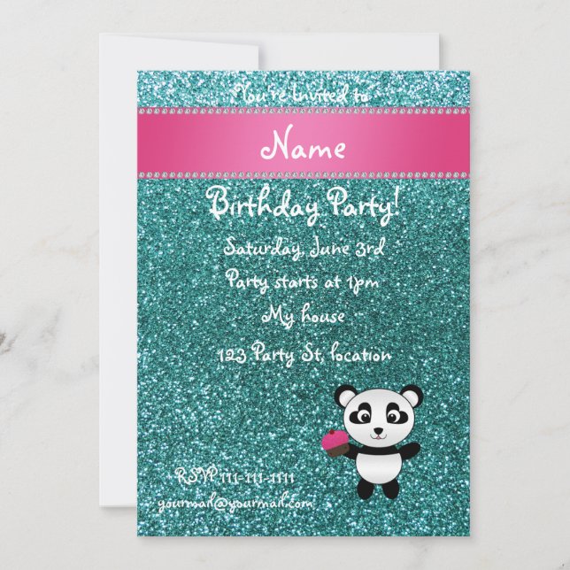 Convites Nome personalizado panda cupcake turquoise glitter (Frente)