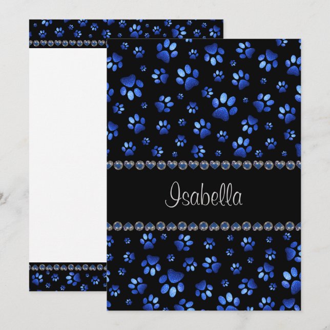 Convites Nome personalizado, patas de cachorro brilho azul (Frente/Verso)