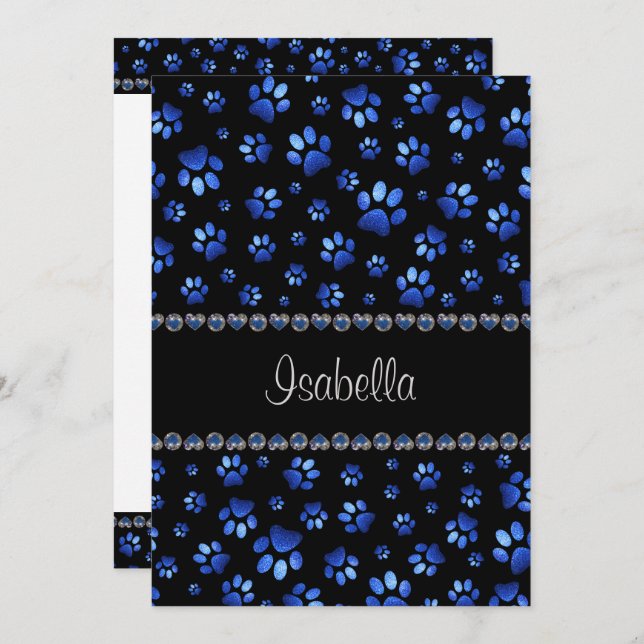 Convites Nome personalizado, patas de cão com brilho azul (Frente/Verso)