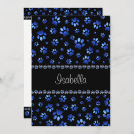 Convites Nome personalizado, patas de cão com brilho azul