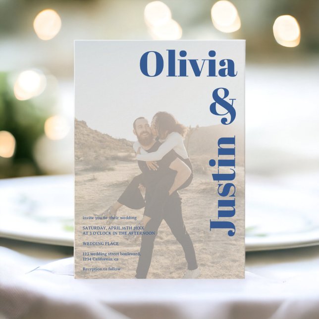 Convites Nomes azuis 2 fotos Qr code casamento (Blue bold names 2 photos Qr code wedding Invitation)