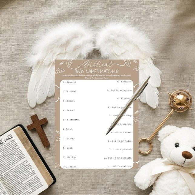Convites Nomes Bíblicos de Bebê Bege Celestial Correspondên (Heavenly Beige Biblical Baby Names Match-Up)