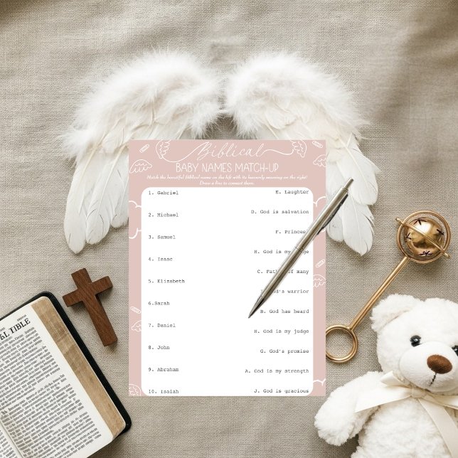 Convites Nomes Bíblicos de Bebê Rosa Celestial Correspondem (Heavenly Pink Biblical Baby Names Match-Up)