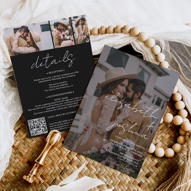 Convites Nomes de caligrafia negra 4 fotos todas em um casa (Names calligraphy black 4 photo all in one wedding invitation)