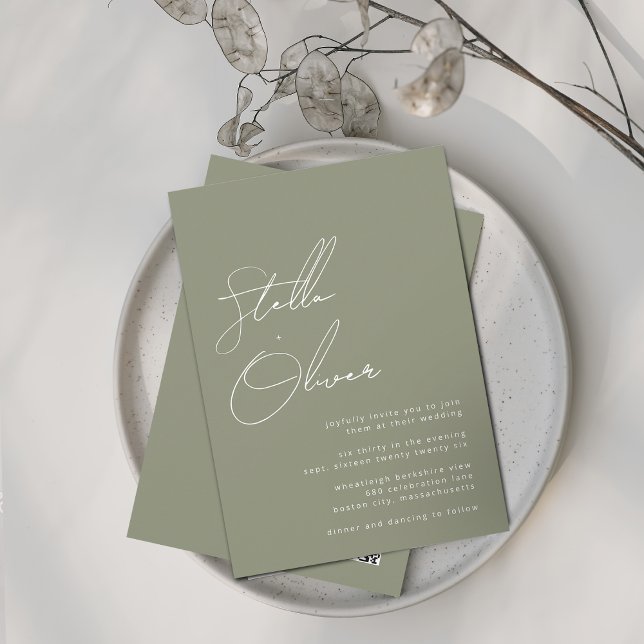 Convites Nomes de Caligrafia Sage Modernos Código QR Casame (Modern Sage Calligraphy Names QR Code Wedding Invitation)