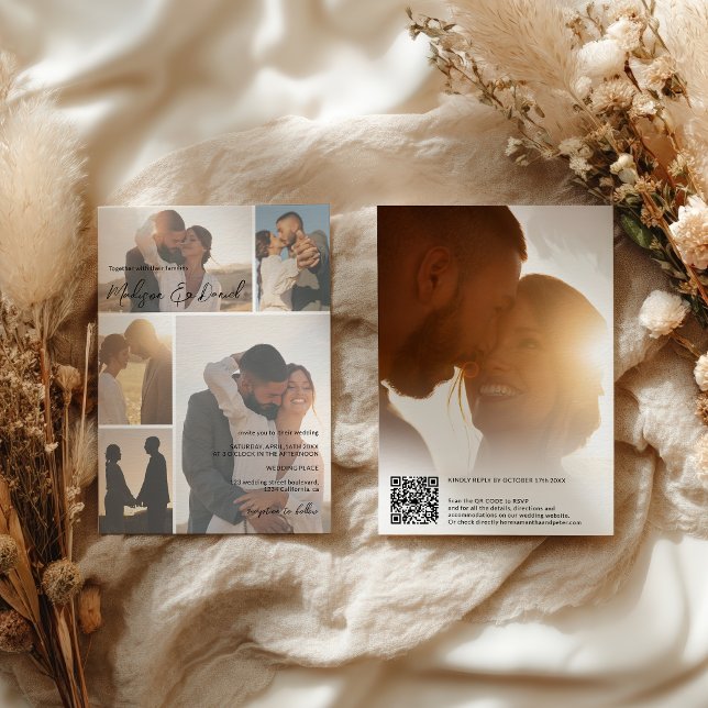Convites Nomes de Código Qr de Script Mínimo 6-Foto Casamen (Modern Script Qr code Names 6-Photo Grid Wedding Invitation)