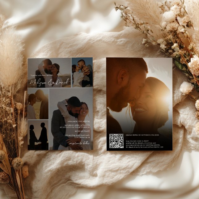 Convites Nomes de Código Qr de Script Moderno com Grade de  (Modern Script Qr code Names 6-Photo Grid Wedding Invitation)