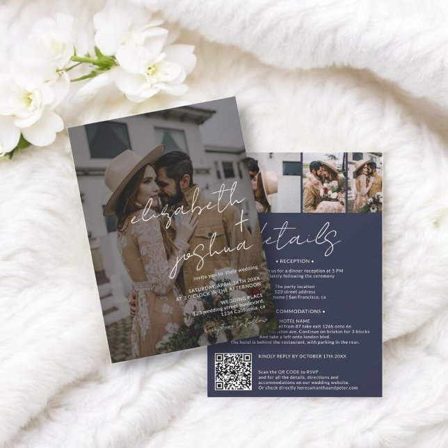 Convites Nomes de fotografia de caligrafia marinho 4 num ún (Names calligraphy navy 4 photo all in one wedding invitation)