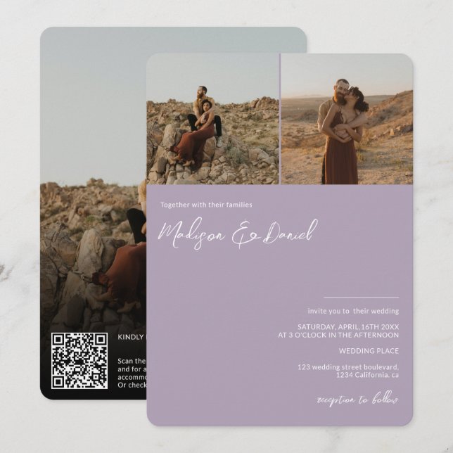 Convites nomes de script de lavanda 3 fotos qr código casam (Frente/Verso)