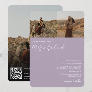 Convites nomes de script de lavanda 3 fotos qr código casam