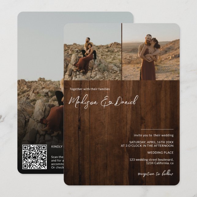 Convites Nomes de script de madeira russa 3 fotos qr código (Frente/Verso)