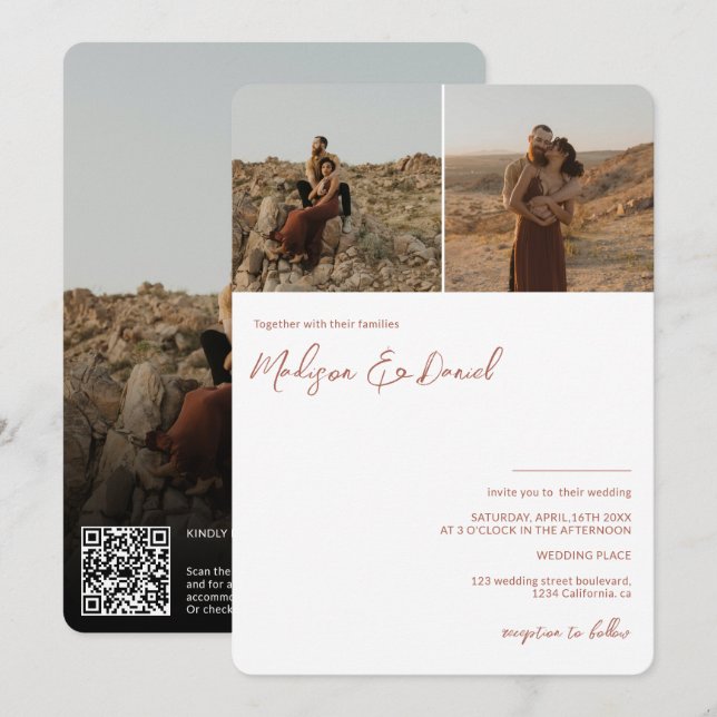 Convites Nomes de script Terracotta 3 fotos qr código casam (Frente/Verso)