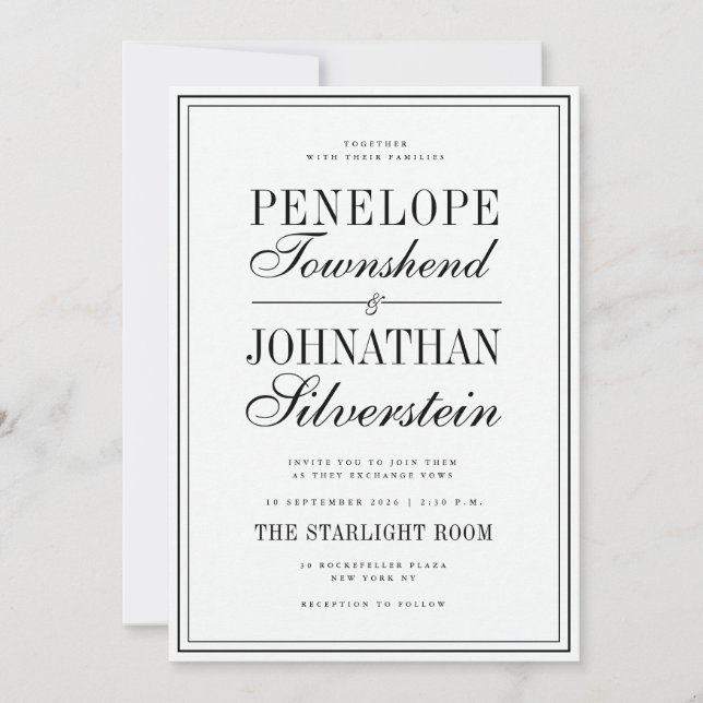 Convites Nomes de Serif Script Preto e Branco de Dinheiro A (Frente)