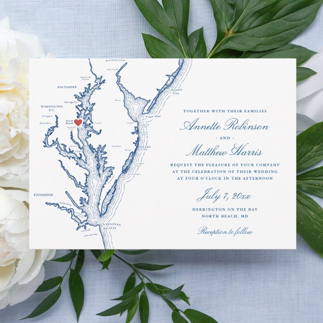 Convites Noord Beach Map Elegant Marinho Wedding (North Beach Maryland Wedding invitation with elegant navy blue map from Coastal Map Designs)