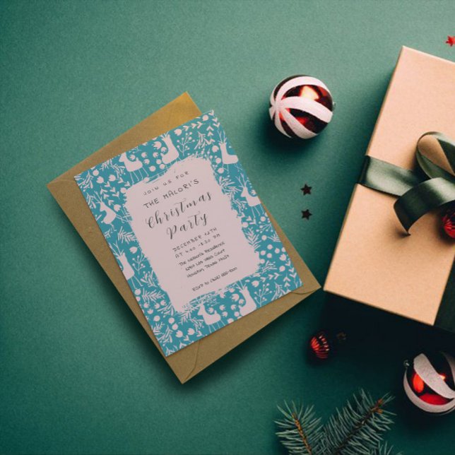Convites Nordic Reindeer Floral | Blush on Teal Christmas  (Criador carregado)