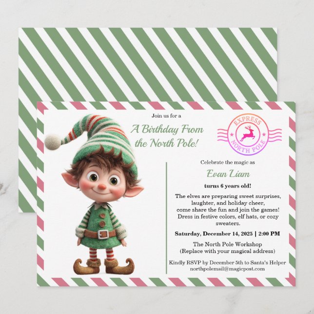 Convites North Pole Birthday Magic | Enchanted Elf (Frente/Verso)
