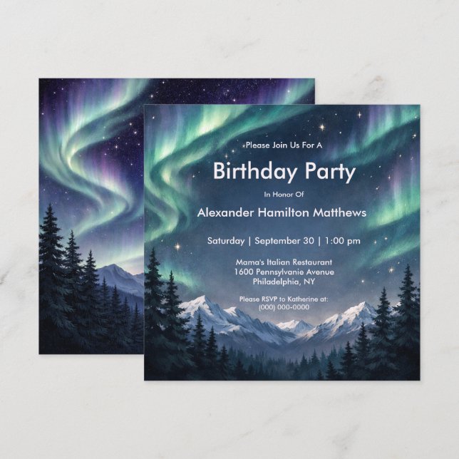 Convites Northern Lights Mountain Forest Birthday  (Frente/Verso)