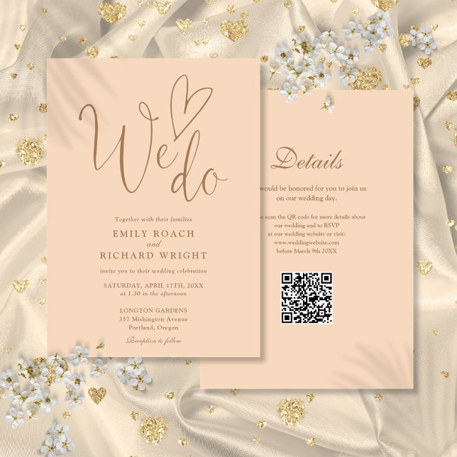 Convites Nós Amamos Coração Código QR Casamento Suave Pêsse (We Do Love Heart QR Code Soft Peach Wedding Invitation)