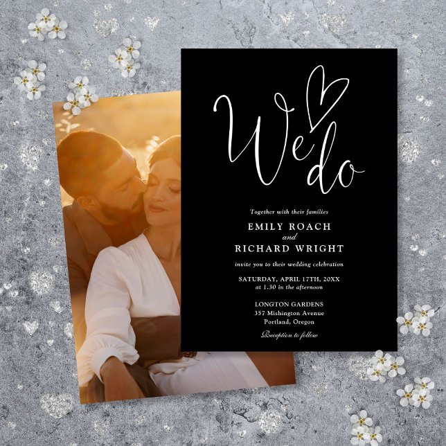 Convites Nós Amamos Coração Foto Casamento Preto e Branco (We Do Love Heart Photo Black And White Wedding Invitation)