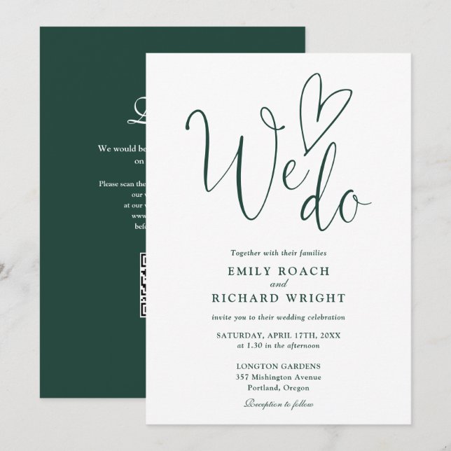 Convites Nós Amamos o Código QR Casamento Verde Esmeralda (Frente/Verso)