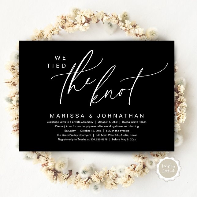 Convites Nós Amarramos O Janto Romântico De Elopemento De C (We tied the knot, Romantic Wedding Dinner Lunch Brunch Party Reception Invites Card PDF Classy Black)