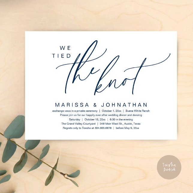 Convites Nós Amarramos O Janto Romântico De Elopemento De C (We tied the knot, Romantic Wedding Dinner Lunch Brunch Party Reception Invites Card PDF Navy Blue)