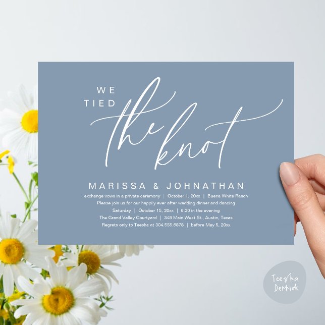 Convites Nós Amarramos o Nó Elopamento Romântico de Jantar  (We Tied The Knot Romantic Wedding Elopement Dinner Brunch Lunch Party Invites Card PDF Dusty Blue)
