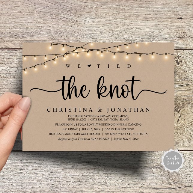 Convites Nós Amarramos O Nó, Elopemento Jante De Casamento  (We Tied The Knot, Rustic Wedding Dinner Elopement Invitation Card, PDF, String Lights Brown Kraft)