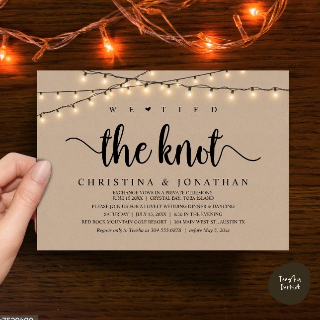 Convites Nós Amarramos O Nó, Elopemento Jante De Casamento  (We Tied The Knot, Rustic Wedding Dinner Elopement Invitation Card, PDF, String Lights Brown Kraft)