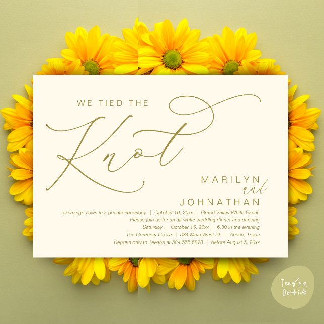 Convites Nós Amarrámos o Nó, Jantar de Festa de Casamento F (We tied the knot, Wedding Elopement Dinner Romantic Modern Party Invitation Card PDF Yellow Gold)