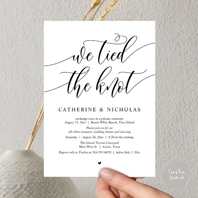Convites Nós amarramos o nó, Partido do Janto de Elopement  (We tied the knot, Modern Wedding Elopement Dinner Party Wine Invitation Card PDF White Black)