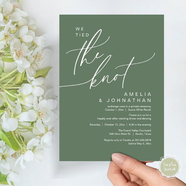 Convites Nós amarramos o nó, Partido Janto Romântico de Cas (We tied the knot, Romantic Wedding Dinner Lunch Brunch Party Reception Invites Card PDF Sage Green)