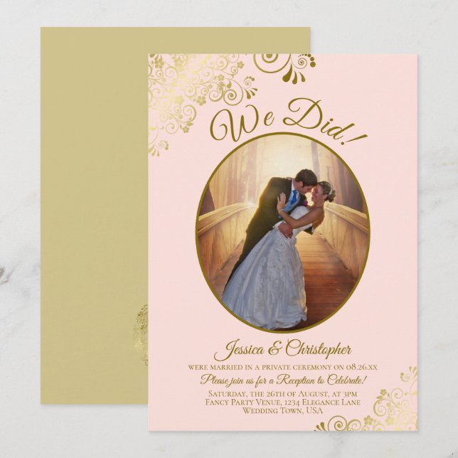 Convites Nós Conseguimos! Recepção de Casamento Rosa Bege e (Frente/Verso)