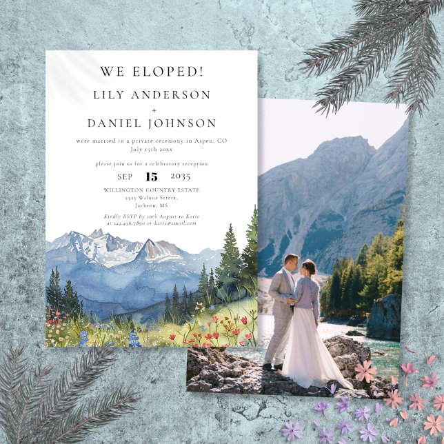 Convites Nós Elografamos A Aquarela Montanha Foto De Elopem (We Eloped Watercolor Mountain Elopement Photo Invitation)