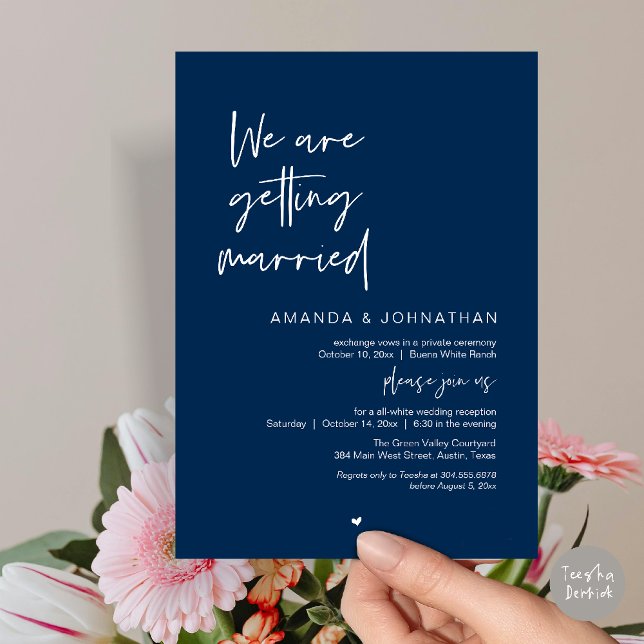 Convites Nós estamos nos casando, Celebração de Casamento M (Modern Minimal Reception, We are getting married Invitation Card in Navy Blue)