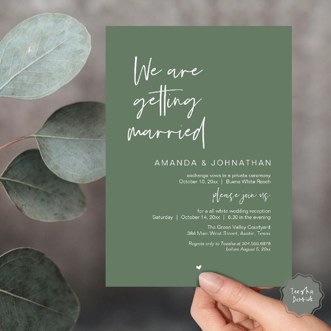 Convites Nós estamos nos casando, Celebração de Casamento M (Modern Minimal Reception, We are getting married Invitation Card in Sage Green)