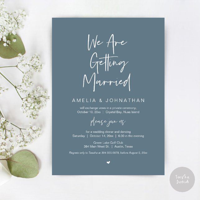 Convites Nós estamos nos casando, Fuga Jantar Dança (We are getting married, Elopement Dinner Dancing Lunch Brunch Invitation Card, PDF, Dusty Blue)