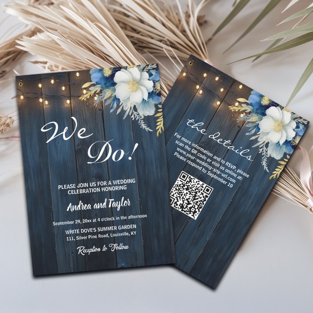Convites Nós Fazemos! Casamento do Código QR Azul Floral Az (Criador carregado)