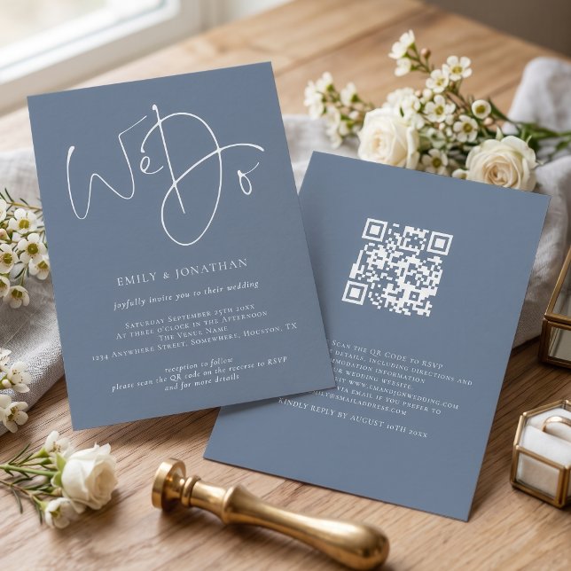 Convites Nós Fazemos Script Dusty Blue Branco QR Casamento (Criador carregado)