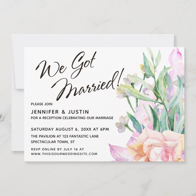 Convites Nós Ficamos Casados Aquarela Artística Buquê Flora (Frente)