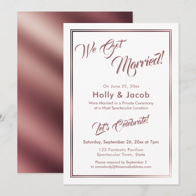 Convites Nós Ficamos Casados Rose Gold Sobre Branco, Recepç (Frente/Verso)