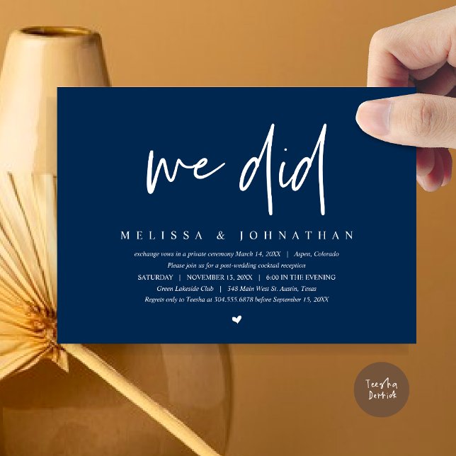 Convites Nós Fizemos, Festa de Elopamento de Casamento, Min (We Did, Wedding Elopement Dinner Invitation Card, PDF, Modern Minimalist, in Navy Blue)
