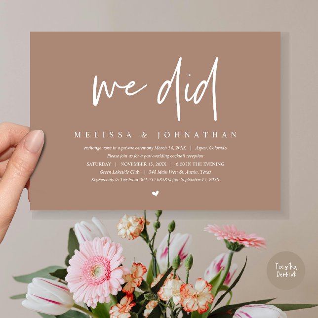 Convites Nós Fizemos, Festa de Elopamento de Casamento, Min (We Did, Wedding Elopement Dinner Invitation Card, PDF, Modern Minimalist, in Taupe Brown)