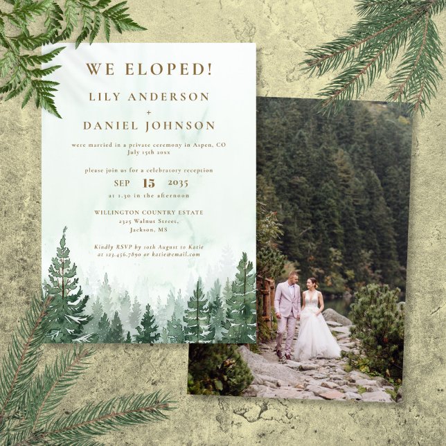 Convites Nós Fugimos Casamento Floresta de Pinheiros Foto (We Eloped Pine Forest Elopement Wedding Photo Invitation)